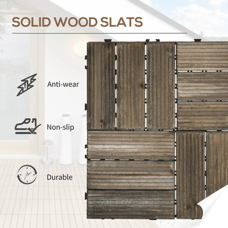 Outsunny 27 Pcs Wooden Interlocking Decking Tiles, Outdoor Flooring Tiles for Patio, Balcony, Terrace, Hot Tub, 30 x 30 cm per Piece, 2.5 per Pack, Charcoal Grey