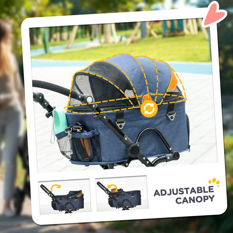 PawHut Pet Stroller, 2 in 1 Dog Carrier Foldable Cat Pushchair with 4 Wheels, Adjustable Canopy, Safety Leashes, Storage Basket for Miniature Small Dogs, Blue