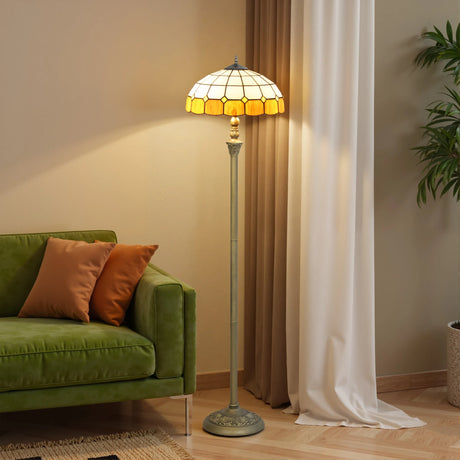 HOMCOM Tiffany-Style Floor Lamp with Handcrafted Stained Glass Shade, 152cm Tall Vintage Standing Lamp with Foot Switch and Dual Sockets for Living Room Bedroom, Bronze Tone and Orange