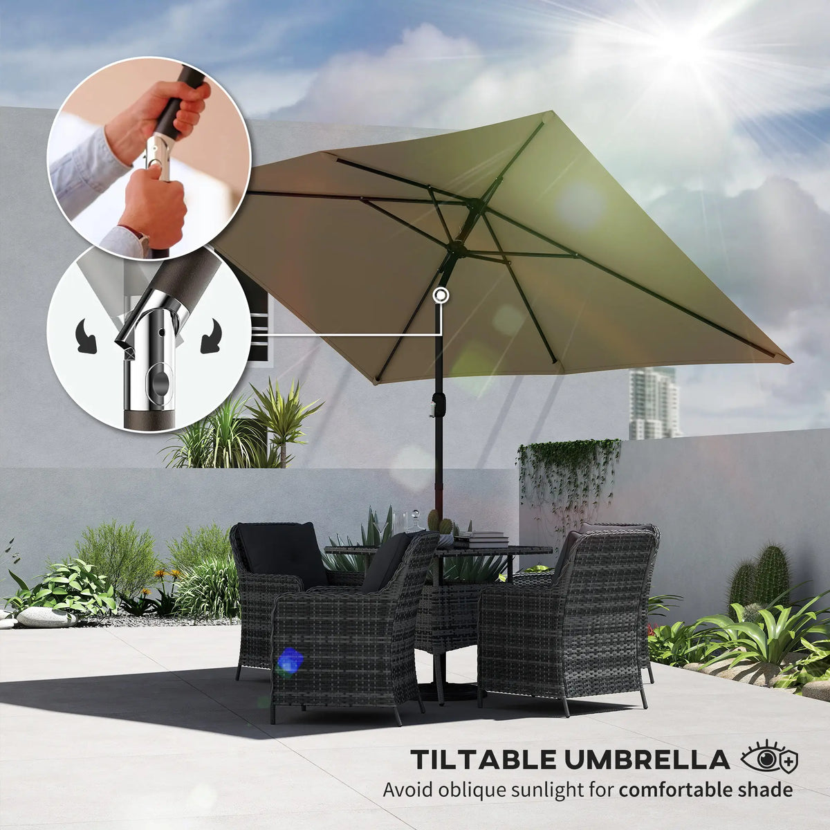 Outsunny Garden Parasol, Parasol Umbrella with Crank Handle, Tilt Function, Polyester Canopy, Khaki