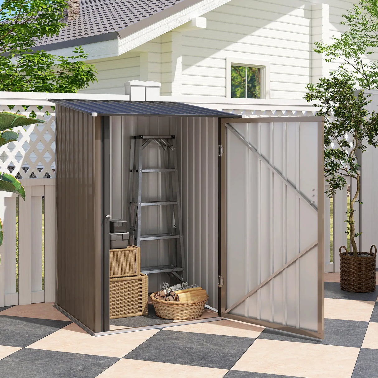 Outsunny Small Metal Garden Shed 3.3 x 3.4 Lean To Steel Garden Shed with Locking Door, Brown