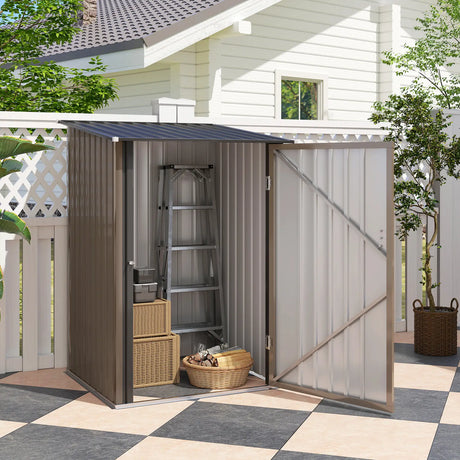 Outsunny Small Metal Garden Shed 3.3 x 3.4 Lean To Steel Garden Shed with Locking Door, Brown