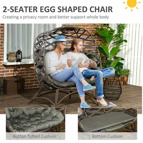 Outsunny 2 Seater Egg Chair Outdoor, Folding Weave Garden Furniture Chair with Cushion, Cup Pockets - Sand Brown