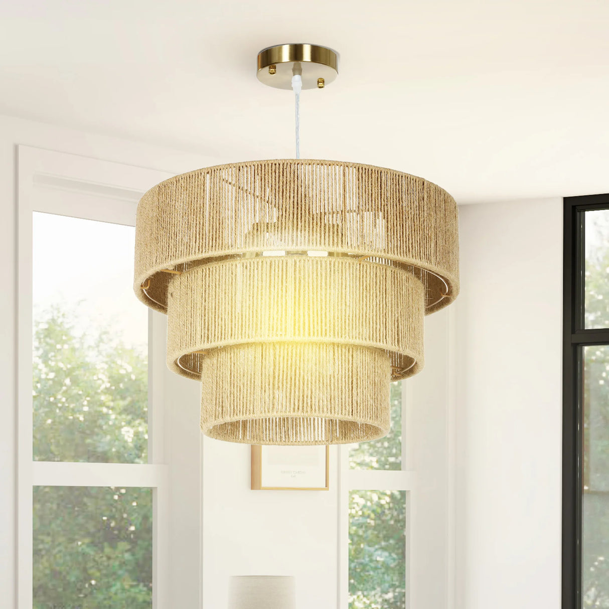 HOMCOM Hemp Rope Ceiling Light, 3-Layer Boho Pendant Light, 4 x E14 Vintage Ceiling Lamp Fixtures for Living Room, Bedroom, Kitchen, Hallway, Light Brown