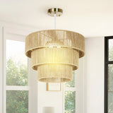 HOMCOM Hemp Rope Ceiling Light, 3-Layer Boho Pendant Light, 4 x E14 Vintage Ceiling Lamp Fixtures for Living Room, Bedroom, Kitchen, Hallway, Light Brown