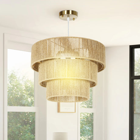 HOMCOM Hemp Rope Ceiling Light, 3-Layer Boho Pendant Light, 4 x E14 Vintage Ceiling Lamp Fixtures for Living Room, Bedroom, Kitchen, Hallway, Light Brown