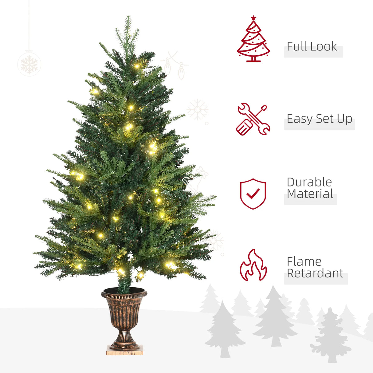 HOMCOM 1.2m 4ft Christmas Tree Entrance Dcor 750 Tips Xmas Pre-lit Tree 80 LED with Vase Base