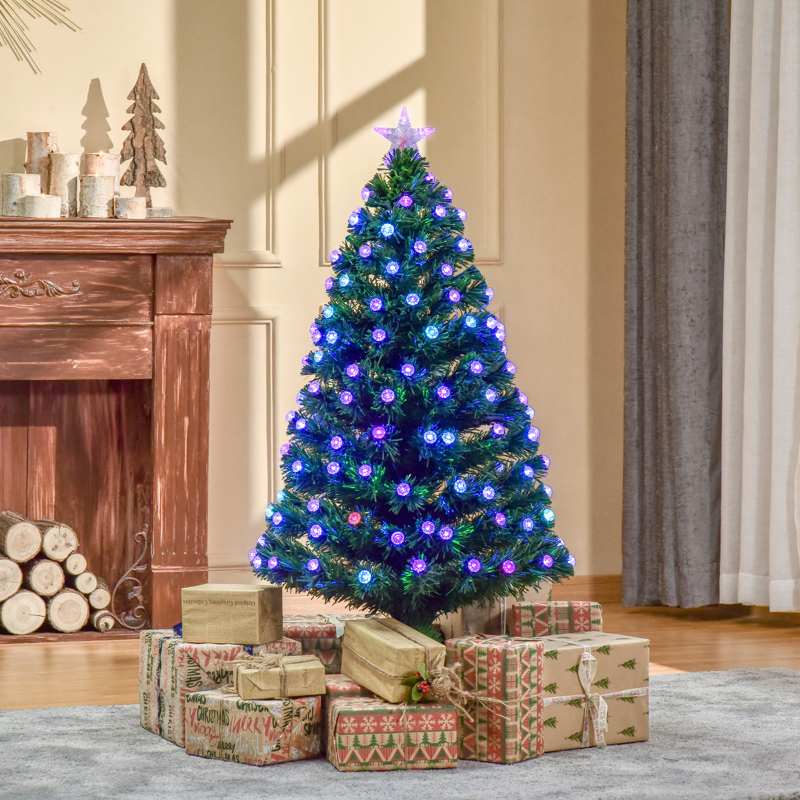 HOMCOM 4FT Pre-Lit Artificial Christmas Tree w/Fibre Optic Decorations LED Light Holiday Home Xmas Decoration-Green