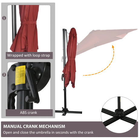 Outsunny 2.5 x 2.5m Patio Offset Parasol Umbrella Cantilever Hanging Aluminium Sun Shade Canopy Shelter 360 Rotation with Crank Handle and Cross Base, Wine Red