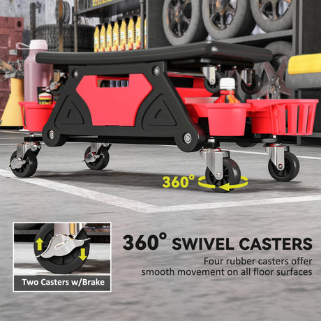 HOMCOM Rolling Mechanic Stool, 135kg Capacity Workshop Stool with 360 Swivel Wheels, Roller Creeper Seat with Slide Out Tool Trays, Drawer, Bottle Holders for Garage, Shop, Auto Repair, Red