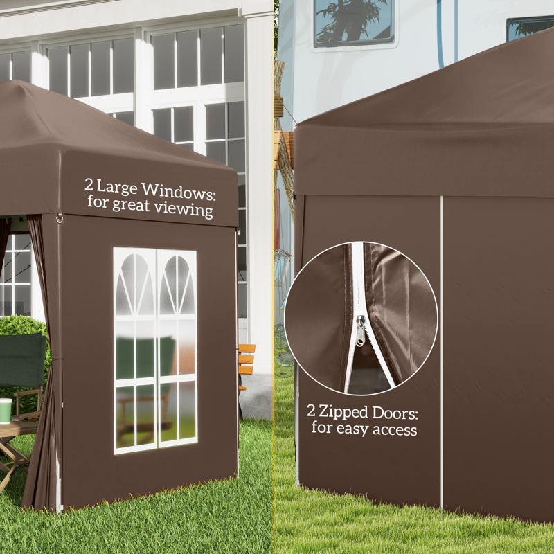 Outsunny 2 x 2 m Garden Pop Up Gazebo, Wedding Party Tent Marquee, Water Resistant Awning Canopy with Sidewalls, Windows, Carry Bag, Coffee