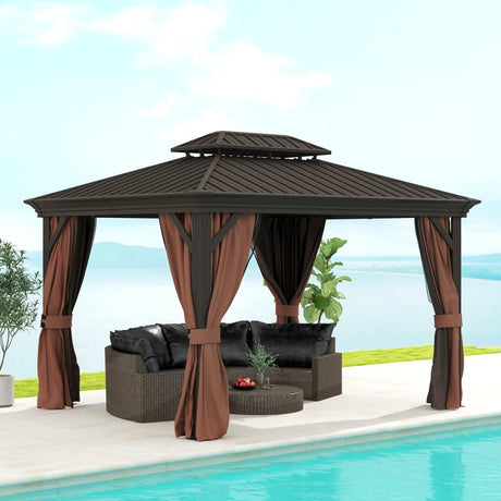 Outsunny 3 x 3.7m Outdoor Hardtop Gazebo Canopy Aluminium Frame with 2-Tier Roof & Mesh Netting Sidewalls for Patio, Dark Brown