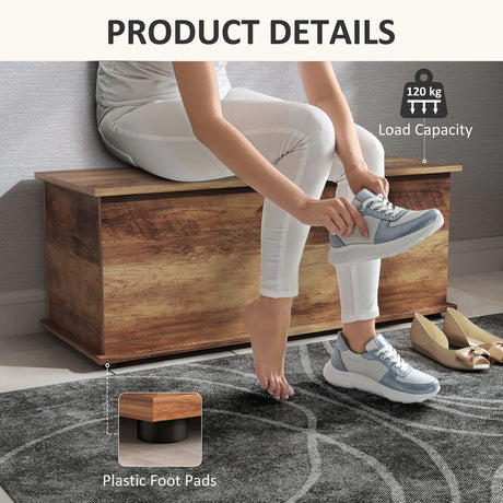 HOMCOM 113L Storage Chest, Storage Box with Flip-Top Lid and 2 Safety Hinges, Storage Trunk for Living Room, Entryway, 100 x 40 x 40 cm, Brown Wood Grain