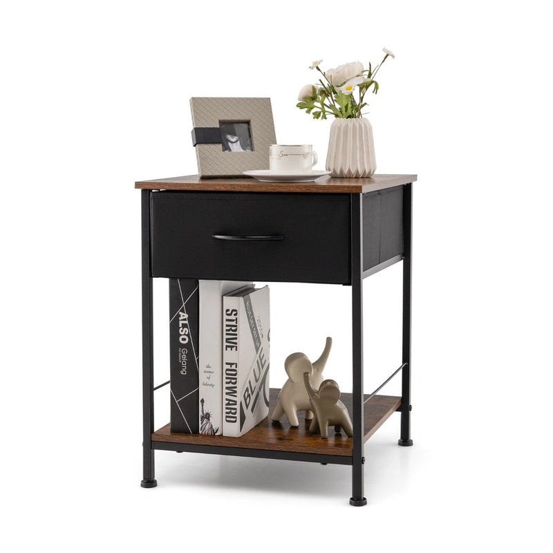 2 Tiers Wood Nightstand with Drawer for Bedroom and Living Room-Rustic Brown