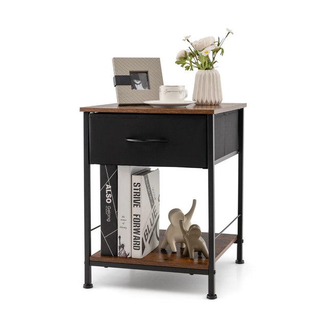 2 Tiers Wood Nightstand with Drawer for Bedroom and Living Room-Rustic Brown