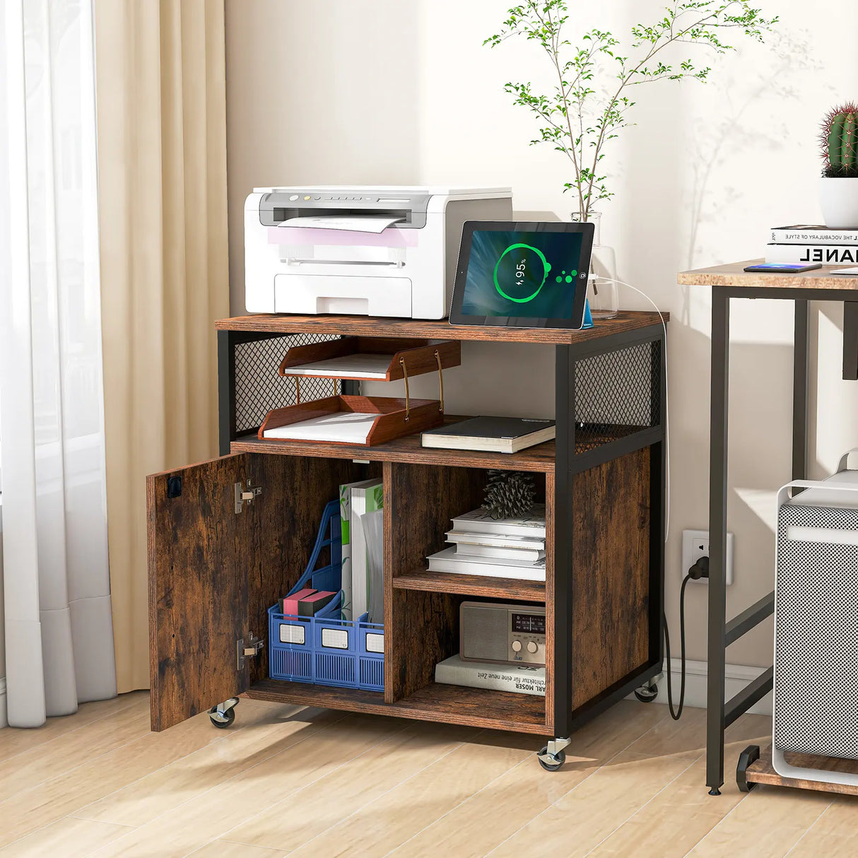 File Cabinet on Wheels with Charging Station and Cable Management Hole-Coffee