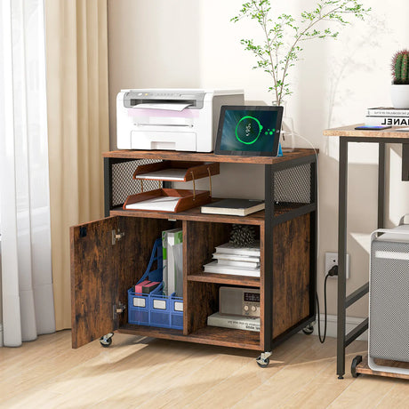 File Cabinet on Wheels with Charging Station and Cable Management Hole-Coffee