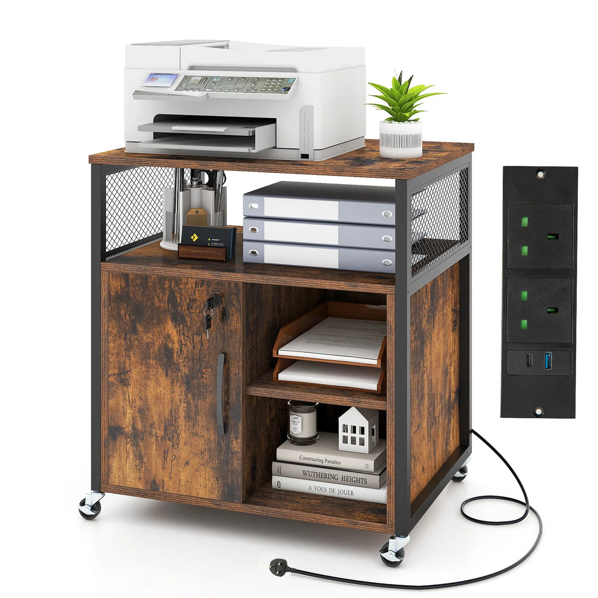 File Cabinet on Wheels with Charging Station and Cable Management Hole-Coffee