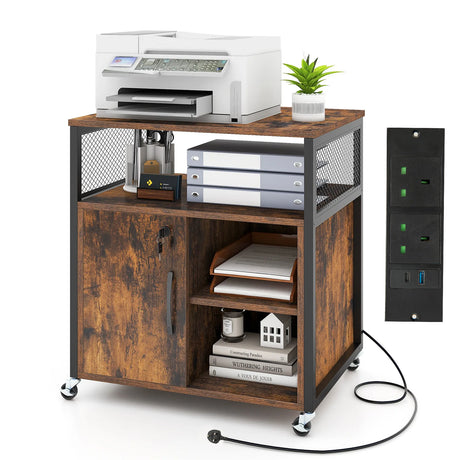 File Cabinet on Wheels with Charging Station and Cable Management Hole-Coffee