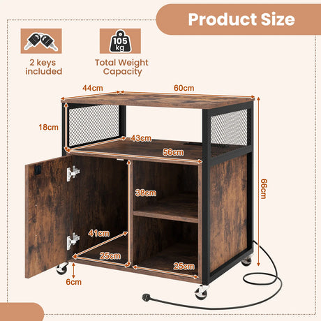 File Cabinet on Wheels with Charging Station and Cable Management Hole-Coffee