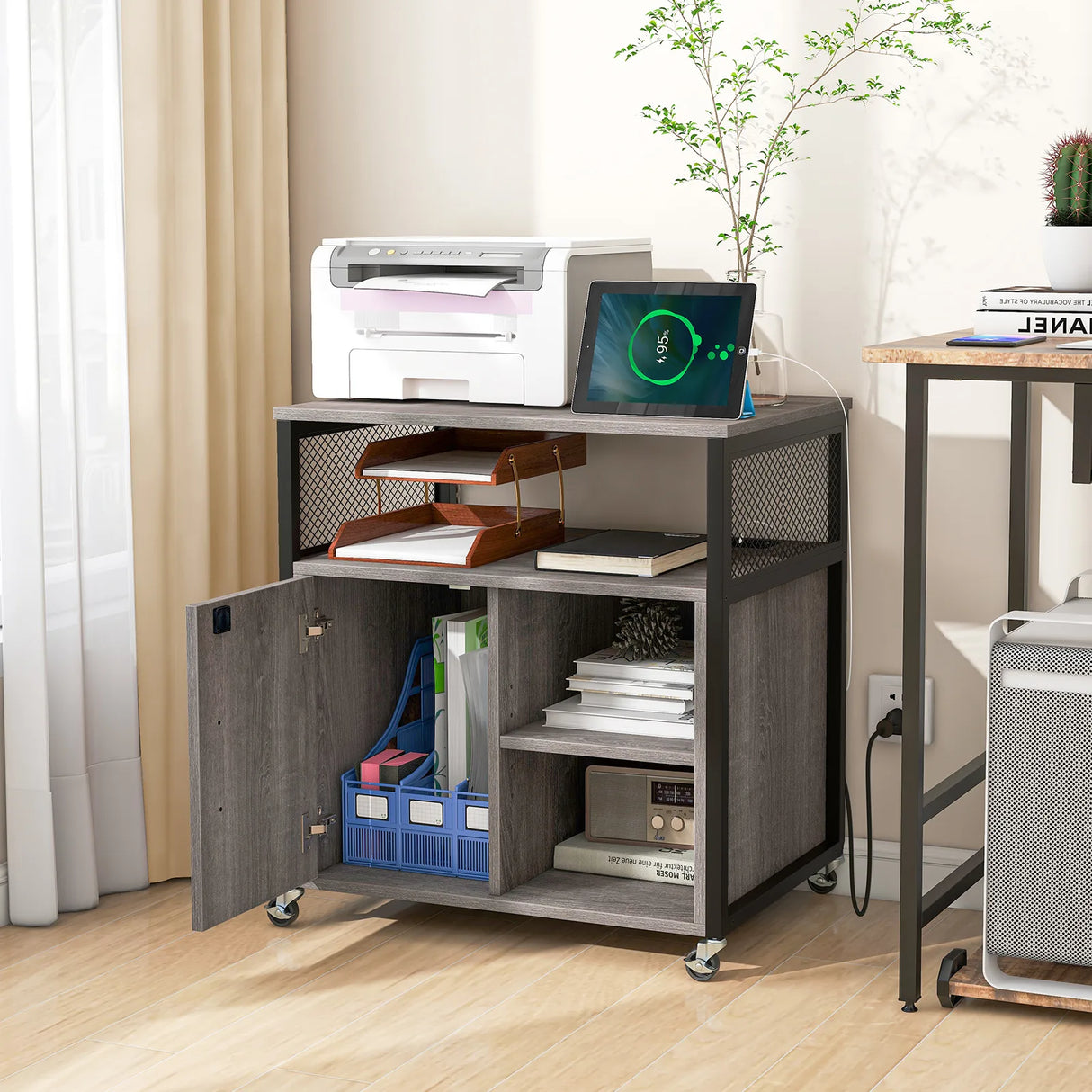 File Cabinet on Wheels with Charging Station and Cable Management Hole-Grey