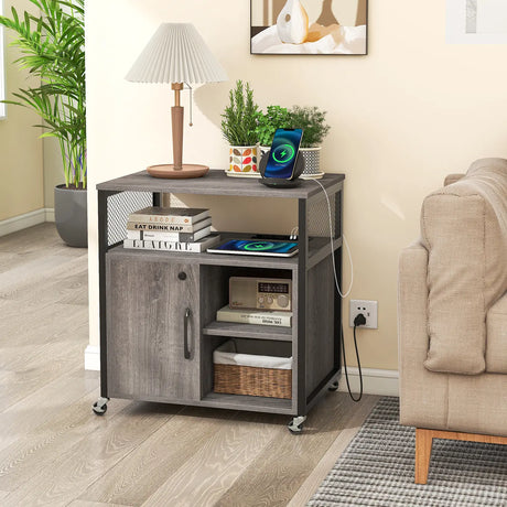 File Cabinet on Wheels with Charging Station and Cable Management Hole-Grey