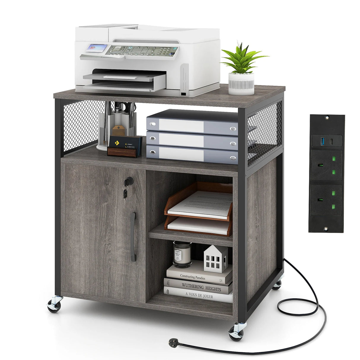 File Cabinet on Wheels with Charging Station and Cable Management Hole-Grey