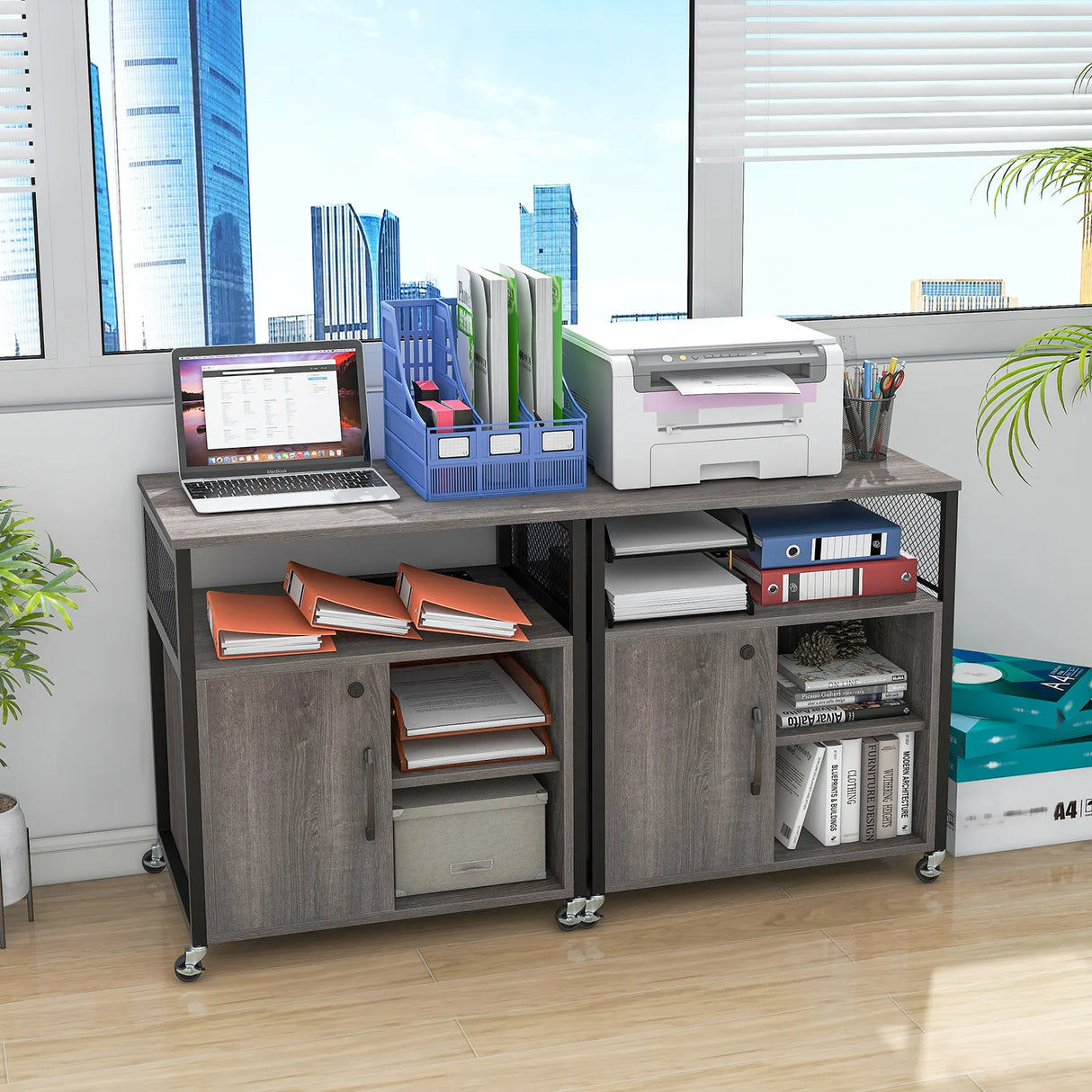 File Cabinet on Wheels with Charging Station and Cable Management Hole-Grey