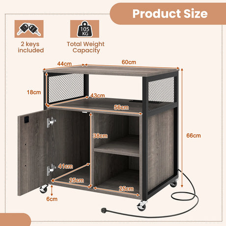 File Cabinet on Wheels with Charging Station and Cable Management Hole-Grey