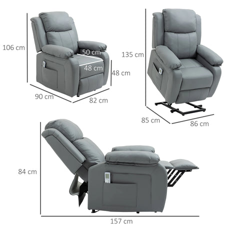 HOMCOM Riser and Recliner Chair with Massage, Heat, Power Lift Recliner Chair for Elderly with Remote Control, Extended Footrest, Dual Side Pockets, Overstuffed Electric Reclining Armchair, Grey