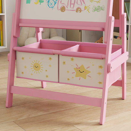 AIYAPLAY Art Easel for Kids, Double-Sided Whiteboard/Blackboard with Paper Roll, Two Storage Boxes, for Ages 3-8 Years, Pink