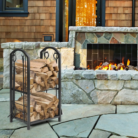 Fireplace Log Rack with 4 Tools Set Fireside Firewood Holder