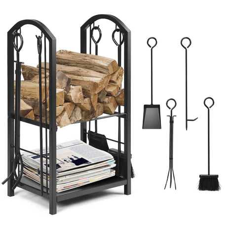 Fireplace Log Rack with 4 Tools Set Fireside Firewood Holder