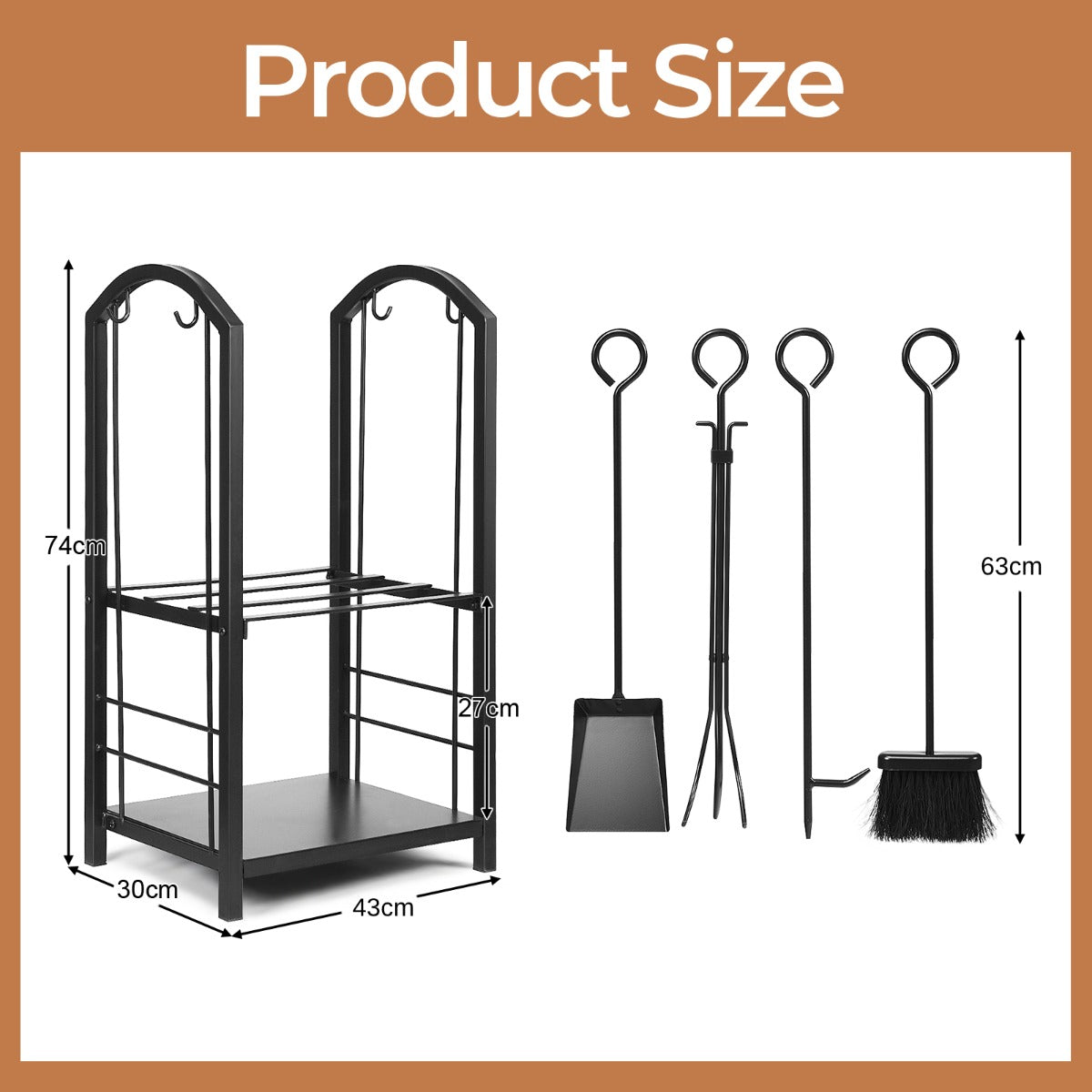 Fireplace Log Rack with 4 Tools Set Fireside Firewood Holder