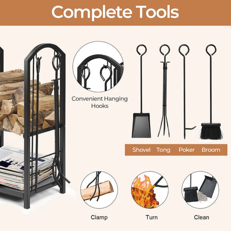Fireplace Log Rack with 4 Tools Set Fireside Firewood Holder