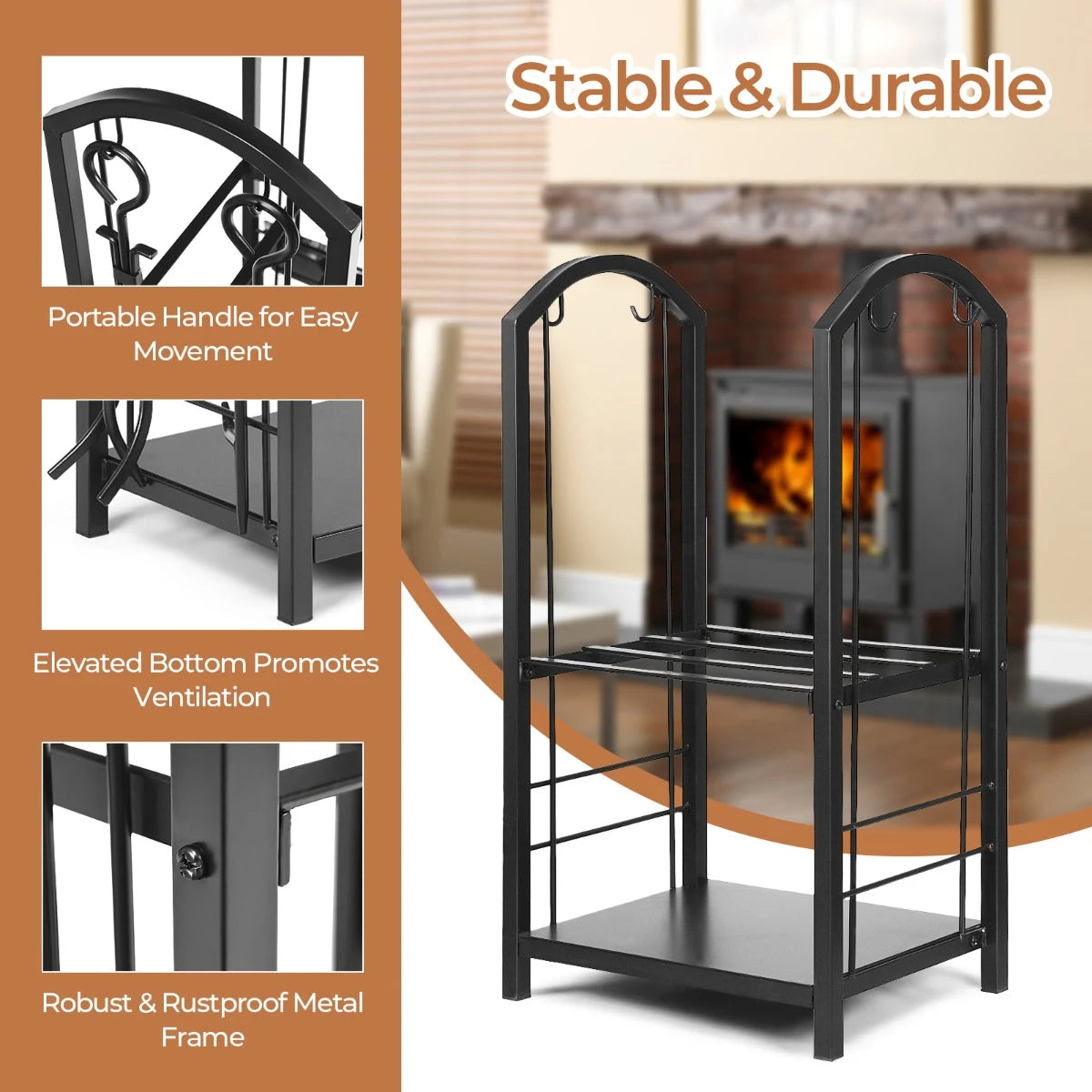 Fireplace Log Rack with 4 Tools Set Fireside Firewood Holder
