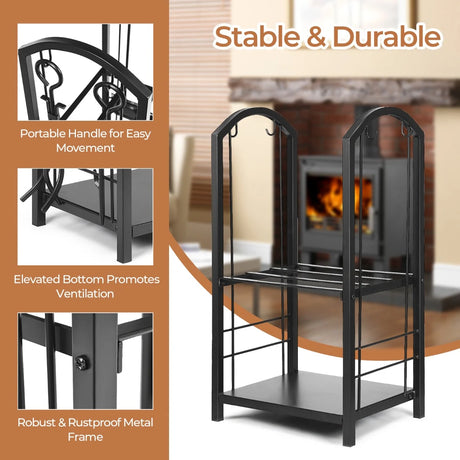 Fireplace Log Rack with 4 Tools Set Fireside Firewood Holder