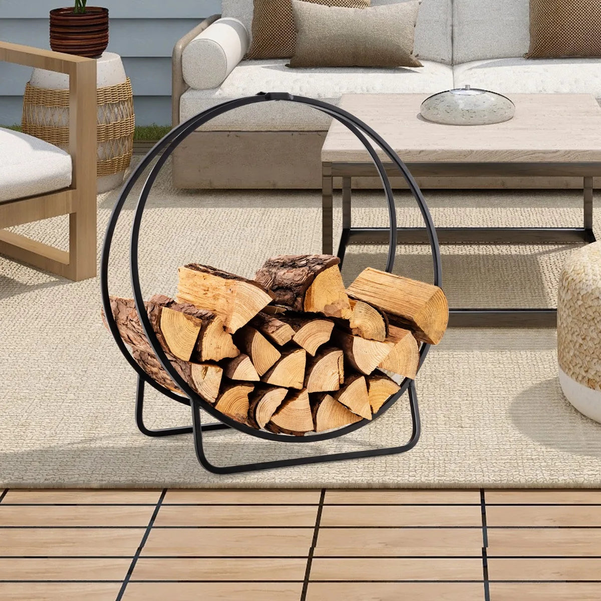 60 cm Tubular Metal Firewood Log Hoop with 230KG Capacity for Indoor and Outdoor-Black