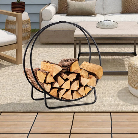 60 cm Tubular Metal Firewood Log Hoop with 230KG Capacity for Indoor and Outdoor-Black