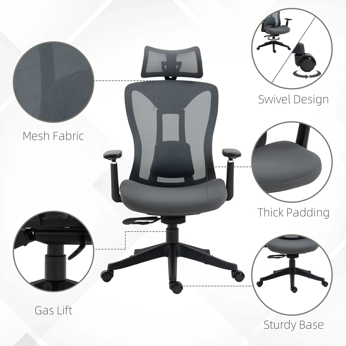 Vinsetto Mesh Office Chair, Ergonomic Desk Chair, Computer Chair with Adjustable Headrest and Lumbar Support, 135 Reclining Back and 3D Armrest for Home Office Study, Grey