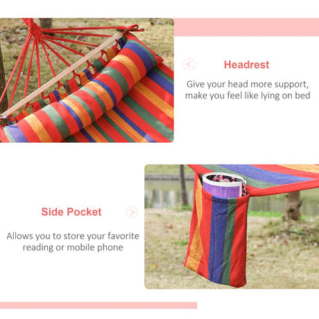 Outsunny Cotton Hammock Soft Portable Swing Sleeping w/ Headrest & Side Pocket Deluxe Swing Chair for Beach, Yard, Bedroom, Patio, Porch, Indoor, Outdoor，270 x 80 cm