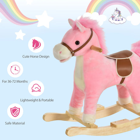 HOMCOM Kids Plush Rocking Horse w/ Sound Moving Mouth Wagging Tail Children Rocker Ride On Toy Gift 3-6 Years Pink