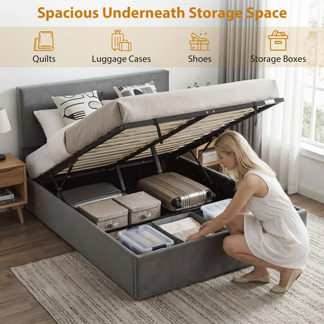 HOMCOM King Size Bed Frame Gas Side Lift Under Bed Storage Upholstered Platform Bed Tufted Headboard for 150 x 200 cm Mattress