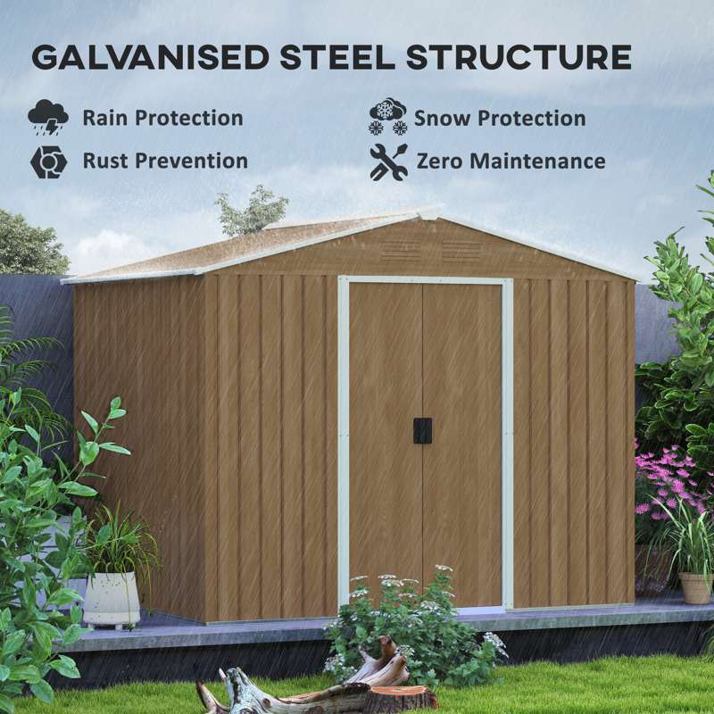 Outsunny 8 x 6ft Outdoor Garden Storage Shed, Metal Tool House with Ventilation and Sliding Doors Chocolate Wood Effect