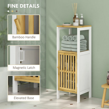 HOMCOM Bamboo-Blend Retro Cut-Out Bathroom Storage Unit, with Cupboard
