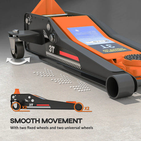 HOMCOM 3 Ton Hydraulic Low-Profile Floor Jack, with 7.5-50.5cm Lifting Range, Wheels, Orange
