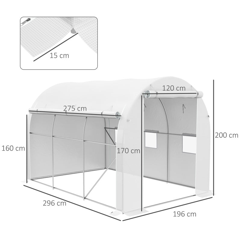 Outsunny 296 x 196cm Steel Frame Polytunnel Greenhouse - White