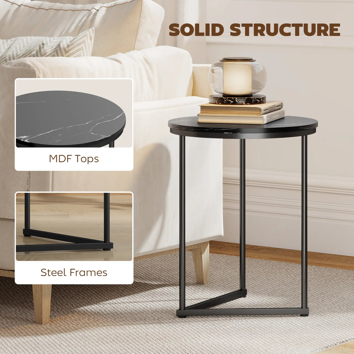 HOMCOM Set of Two Marble-Effect Nest of Tables - Black Marble Effect