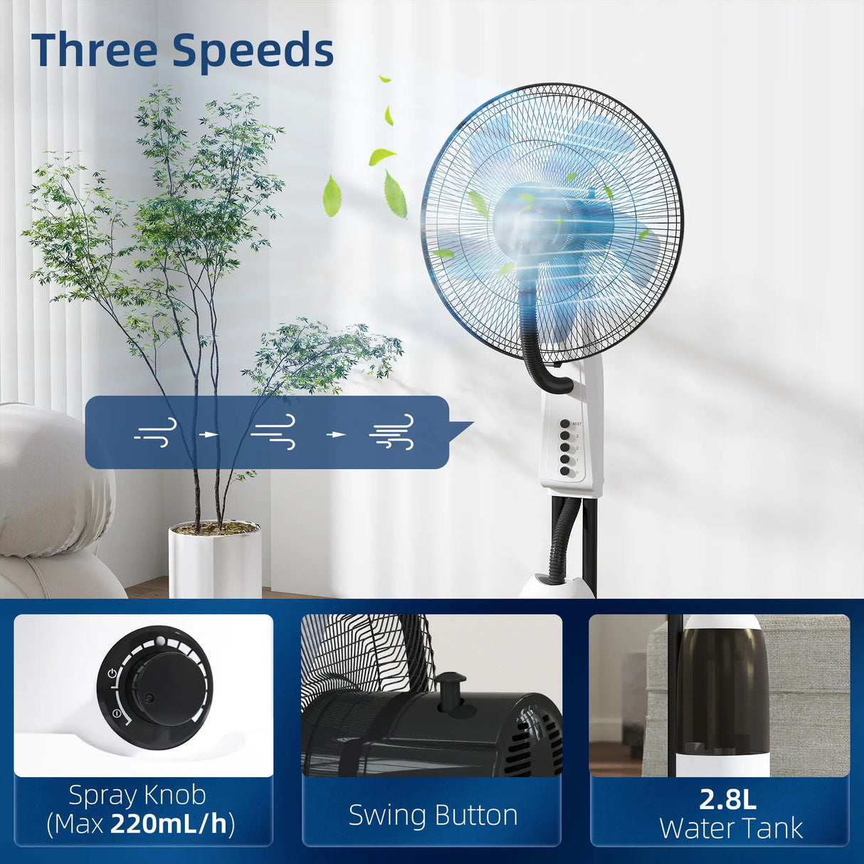 HOMCOM Spray Misting Fan, Floor Fan with Water Mist Spray, 70 Oscillation, Tilt Head, 3 Speeds, 2.8L Water Tank, White