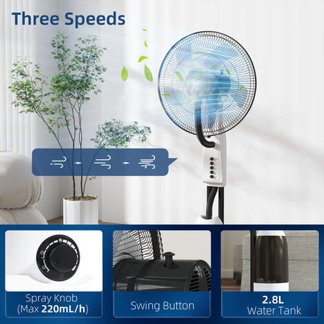 HOMCOM Spray Misting Fan, Floor Fan with Water Mist Spray, 70 Oscillation, Tilt Head, 3 Speeds, 2.8L Water Tank, White